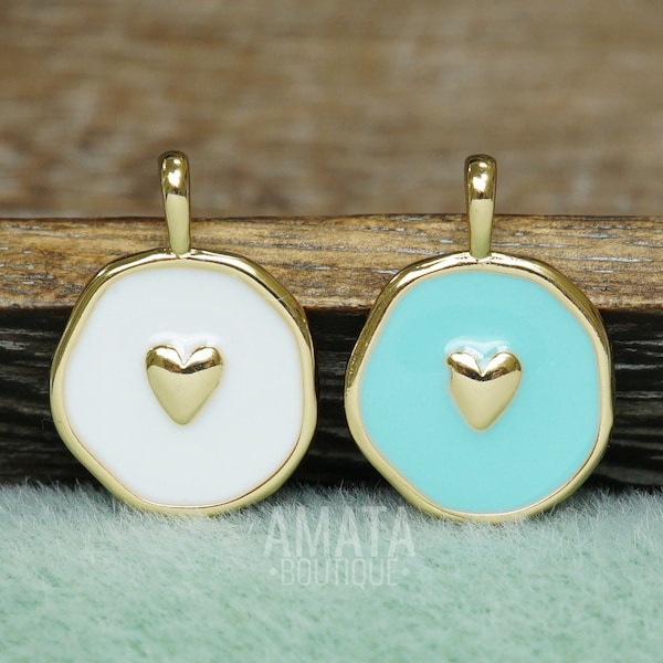 Heart Enamel Gold Charm, White/Blue, Heart Pendant, 14mm