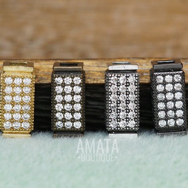 CZ Rectangle Tube Bead Micro Pave, Gold/Silver/Black, Cubic Zirconia Pave Spacer, 6x14mm