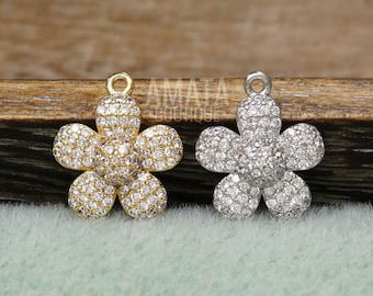 Micro Pave CZ Flower Pendant, Gold//Silver, Cubic Zirconia Pave Flower Charm, 13mm