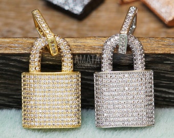 CZ Micro Pave Padlock Pendant, Gold/Silver, Cubic Zirconia Pave Lock Charm, 16x25mm