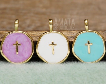 Cross Enamel Gold Charm, White/Blue/Purple, Cross Pendant, 14mm