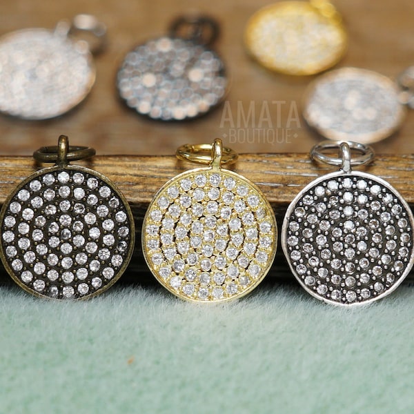 CZ Disc Micro Pave Charm, Gold/Silver/Bronze, Cubic Zirconia Coin Pave Pendant, 12mm