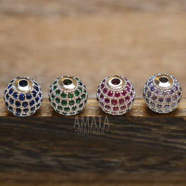 Silver CZ Micro Pave Round Ball Bead, Pink/Green/Blue/Purple, Cubic Zirconia Shamballa Ball Bead