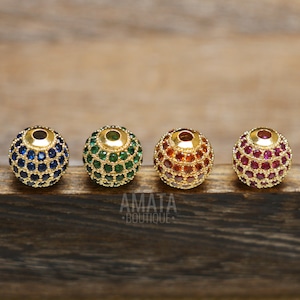 Gold CZ Micro Pave Round Ball Bead, Pink/Green/Blue/Orange, Cubic Zirconia Shamballa Ball Bead