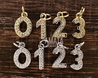 CZ Number Charm, Gold/Silver, Pave Cubic Zirconia Numbering Pendant, 7x10mm