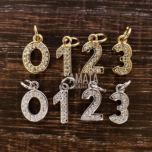 CZ Number Charm, Gold/Silver, Pave Cubic Zirconia Numbering Pendant, 7x10mm