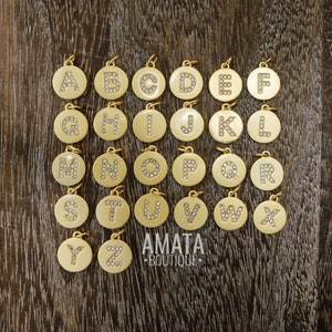 CZ Letter Charm, Gold Initial Pendant, Cubic Zirconia Round Alphabet Charms, 11mm