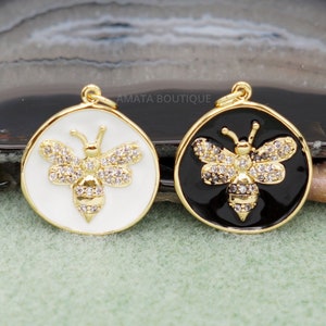 Bumble Bee Enamel Gold Charm, Black/White, Pave Cubic Zirconia Bee Coin Pendant, 20mm