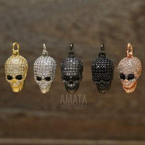 CZ 3D Skull Micro Pave Charm, Gold/Silver/Gunmetal, Cubic Zirconia Pave Black Eyes Skull Pendant, 10mm