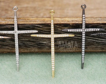 CZ Micro Pave Cross Charm, Gold/Silver/Rose Gold/Black, Cubic Zirconia Pave Cross Pendant, 30x45mm