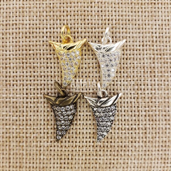 CZ Shark Tooth Micro Pave Pendant, Gold/Silver/Bronze/Antique Silver, Cubic Zirconia Pave Horn Charm, 11x15mm