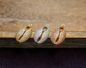 CZ Micro Pave Cowrie Shell Charm, Gold/Silver/Rose Gold, Cubic Zirconia Pave Cowry Shell Pendant