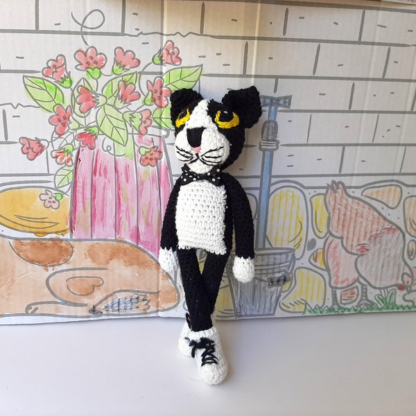 Doudou chat au crochet noir et blanc, Amigurumi chat jouet sûr pour bébé, Minou au crochet cadeau pour petit, Peluche crochet chat pour bébé