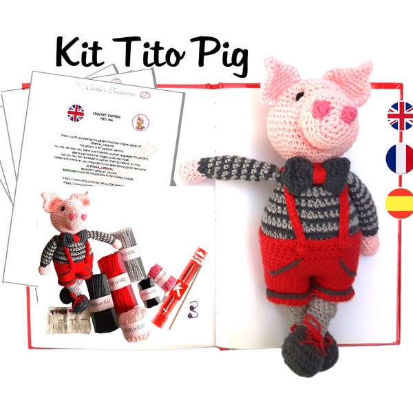 KIT CROCHET Tito le cochon, tout ce qu'il vous faut pour réaliser un doudou cochon