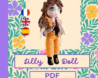 May include: A handmade crochet doll with curly brown hair, wearing a tan vest, orange pants, and black boots. The doll has embroidered facial features including large eyes and a red mouth. The text Lilly Doll and PDF Crochet is visible.