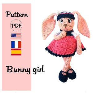 PATTERN CROCHET bunny with fallen ears, Amigurumi rabbit pattern in english, Bunny girl crochet pattern, PDF crochet rabbit with pink dress