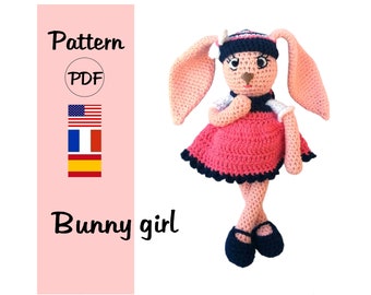 PATTERN CROCHET bunny with fallen ears, Amigurumi rabbit pattern in english, Bunny girl crochet pattern, PDF crochet rabbit with pink dress