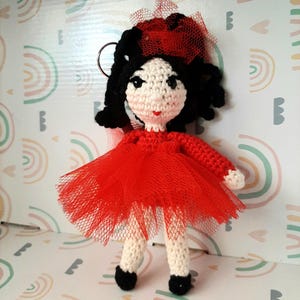 Keychain tiny crochet doll, Crochet doll key ring with red tul dress, Amigurumi doll Xmas tree ornament, Key ring crochet doll bag pendant