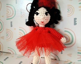 Keychain tiny crochet doll, Crochet doll key ring with red tul dress, Amigurumi doll Xmas tree ornament, Key ring crochet doll bag pendant