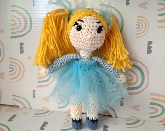 Small crochet doll keychain with pigtails, Baby crochet doll key ring with blonde hair Christmas hanging crochet doll, Doll key ring for bag