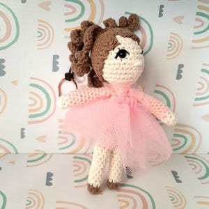 Crochet doll keychain for backpack, Key ring crochet doll in pink, Amigurumi doll Christmas tree decoration, Small crochet doll keychain