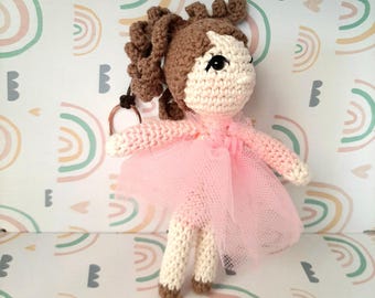 Crochet doll keychain for backpack, Key ring crochet doll in pink, Amigurumi doll Christmas tree decoration, Small crochet doll keychain
