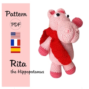 Crochet pattern pink Hippopotamus, Easy pattern amigurumi hippo with scarf, Hippo tutorial crochet step by step PDF crochet hippo in english