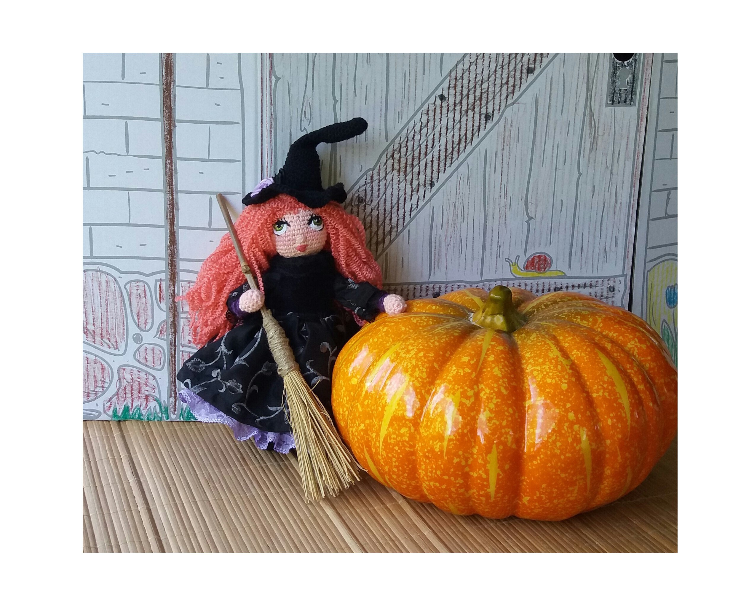 Crochet witch, witch with broom, amigurumi witch in fabric dress, gift for Halloween, gift for little girl from 5 years