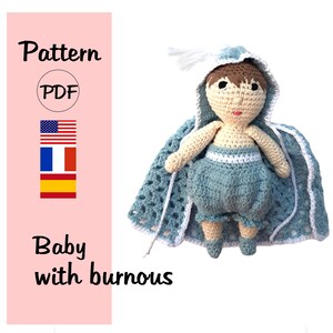 Crochet pattern baby doll in burnous, Amigurumi pattern baby doll with bloomers, Pattern crochet doll baby in english, PDF crochet baby doll