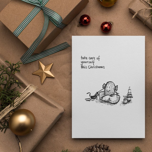 Self Care Xmas Card "Take Care of Yourself" - Handdrawn Mental Health Holiday Card for Boyfriend Girlfriend Mum