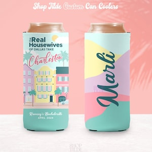 Real Housewives Can Coolers - Personalized Charleston Bachelorette Coozies, Rainbow Row Houses Party Favors, Last Fling Down King Kozies