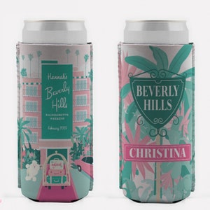 Beverly Hills Slim Can Cooler, Bachelorette Cozie, Beverly Hills Birthday,  Personalized Insulted Can Cooler , Cali Cozie, Pink Green Favors