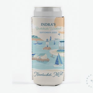 Nantucket Slim Can Cooler, Custom New England Kozie,  Personalized Can Cooler , Cape Cod Cozie, Marthas Vineyard, Vacation Favors