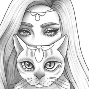 Printable coloring page girl portrait and cat colouring sheet animals pdf adult anti-stress relaxing zentangle line art image 1