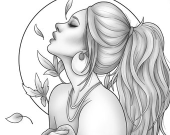 Printable coloring page - Fantasy character girl floral portrait