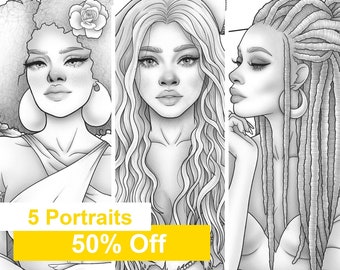 Adult coloring book - 5 Fantasy character black girl portraits