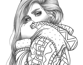 Adult coloring page girl portrait and clothes colouring sheet fashion pdf printable anti-stress relaxing zentangle line art