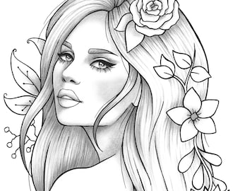 Printable coloring page girl portrait and clothes colouring sheet floral pdf adult anti-stress relaxing zentangle line art