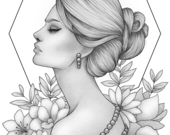 Printable coloring page - Fantasy character girl floral portrait