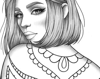 Printable coloring page girl portrait and clothes colouring sheet fashion pdf adult anti-stress relaxing zentangle line art