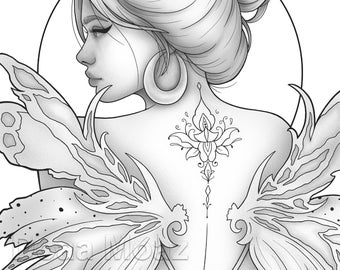 Printable coloring page - Fantasy character girl wings portrait