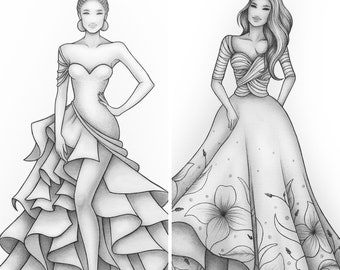 Pack of 2 - Adult coloring pages fashion dresses colouring book