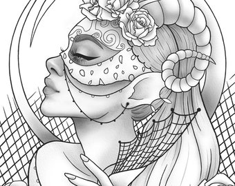 Printable coloring page - Fantasy floral girl mask portrait