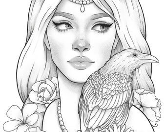 Adult coloring page - Fantasy girl bird portrait