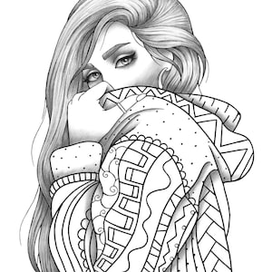 Adult coloring page girl portrait and clothes colouring sheet fashion pdf printable anti-stress relaxing zentangle line art image 1