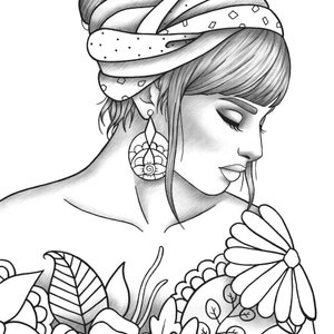 Printable coloring page girl portrait and clothes colouring sheet fashion pdf adult anti-stress relaxing zentangle line art