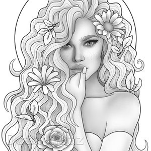 Printable coloring page - Fantasy character girl floral portrait