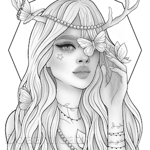 Printable coloring page - Fantasy character girl floral portrait