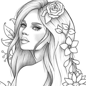 Printable coloring page girl portrait and clothes colouring sheet floral pdf adult anti-stress relaxing zentangle line art image 1