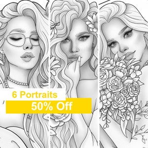 Adult coloring book - 6 grayscale fantasy portraits